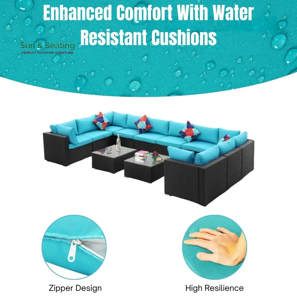 Meili 6-Piece Outdoor Wicker Sofa Set (Black/Sky-Blue) Sofa Set