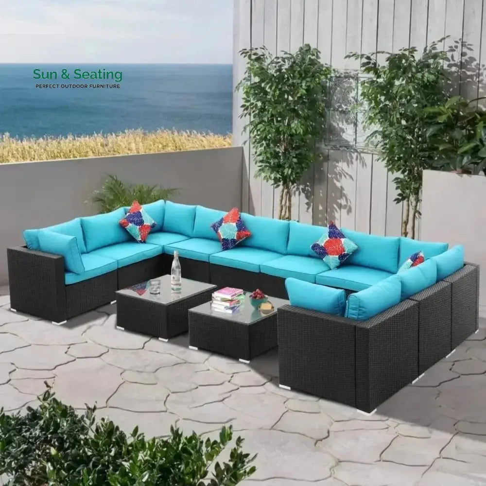 Meili 6-Piece Outdoor Wicker Sofa Set (Black/Sky-Blue) Sofa Set