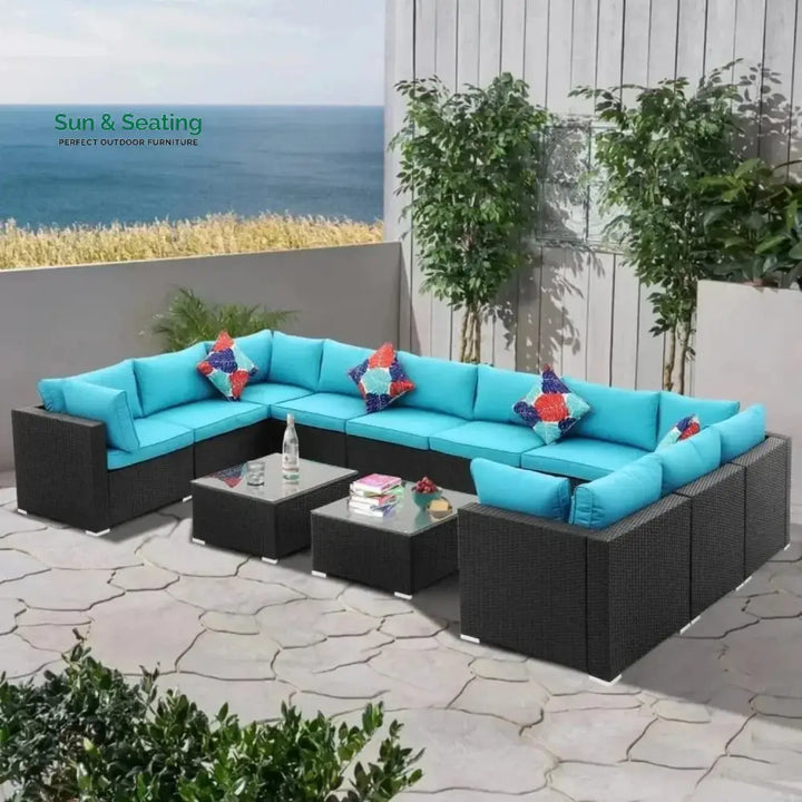 Meili 6-Piece Outdoor Wicker Sofa Set (Black/Sky-Blue) Sofa Set