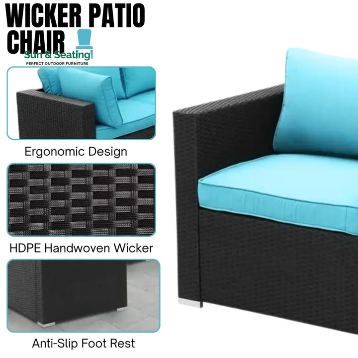 Meili 6-Piece Outdoor Wicker Sofa Set (Black/Sky-Blue) Sofa Set