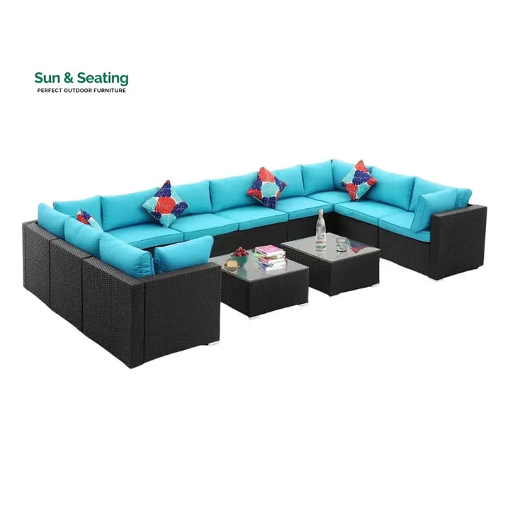 Meili 6-Piece Outdoor Wicker Sofa Set (Black/Sky-Blue) Sofa Set