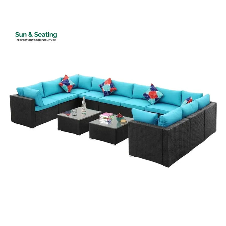 Meili 6-Piece Outdoor Wicker Sofa Set (Black/Sky-Blue) Sofa Set