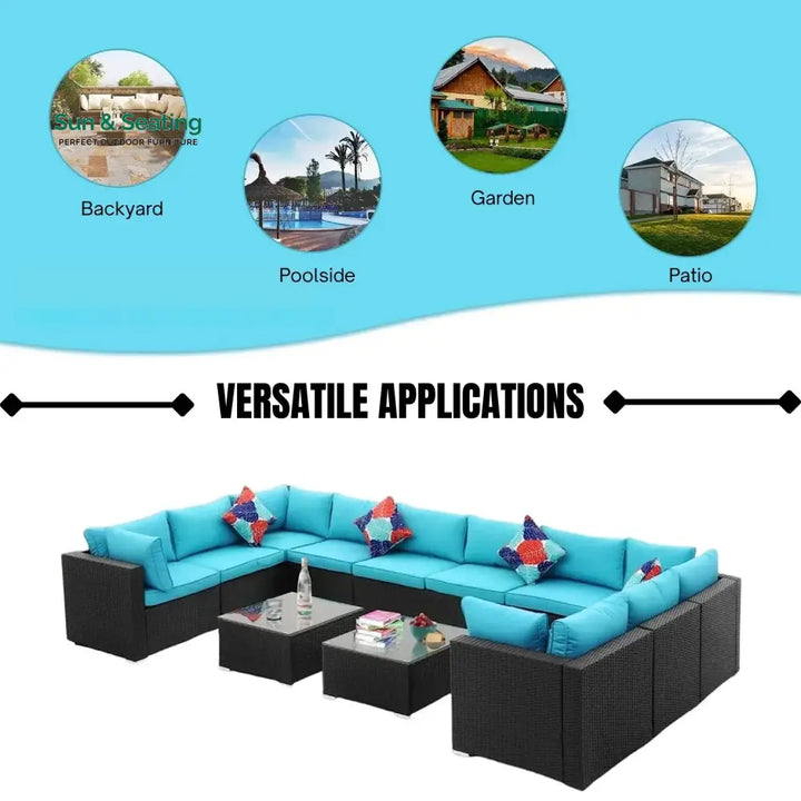 Meili 6-Piece Outdoor Wicker Sofa Set (Black/Sky-Blue) Sofa Set