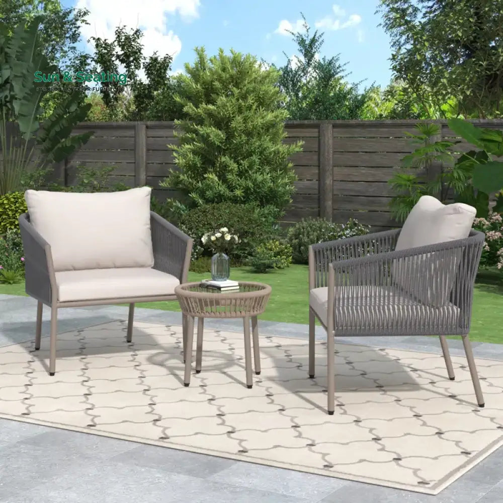 Milano Outdoor Patio Seating Set 2 Chairs and 1 Table Set (Grey) Braided & Rope Coffee Table Sets