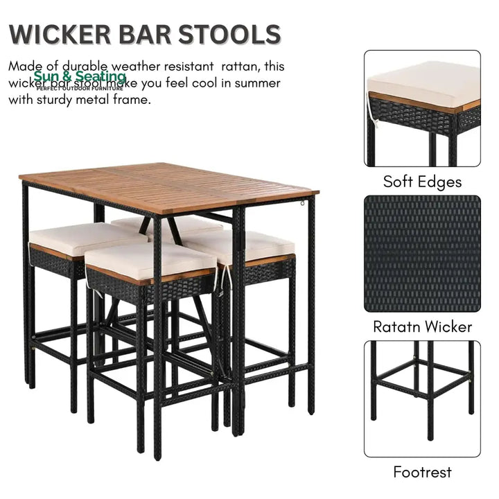 Mirabelle 5-Piece Outdoor Rattan Wicker Bar Set with Wooden Top Table Bar Set