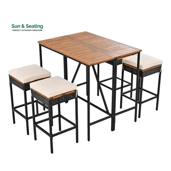 Mirabelle 5-Piece Outdoor Rattan Wicker Bar Set with Wooden Top Table Bar Set