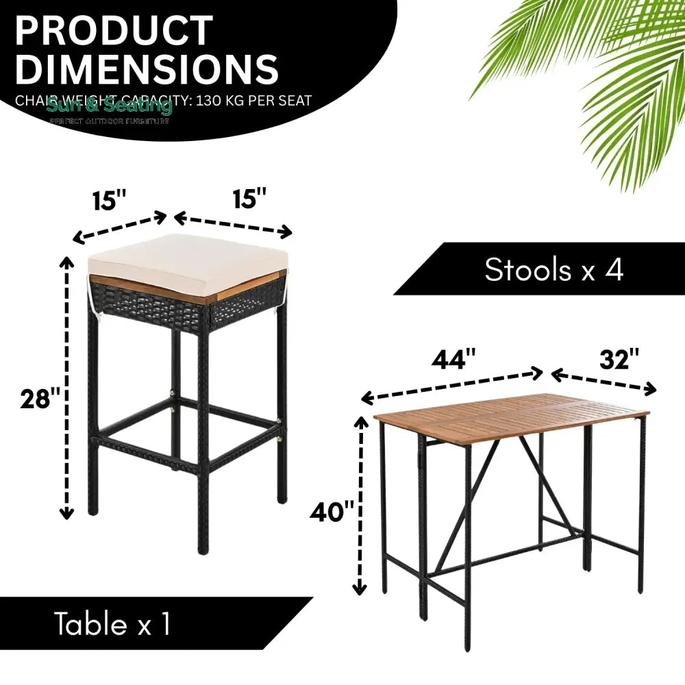 Mirabelle 5-Piece Outdoor Rattan Wicker Bar Set with Wooden Top Table Bar Set