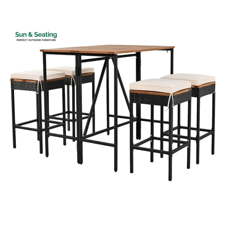 Mirabelle 5-Piece Outdoor Rattan Wicker Bar Set with Wooden Top Table Bar Set