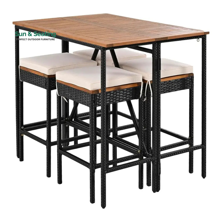 Mirabelle 5-Piece Outdoor Rattan Wicker Bar Set with Wooden Top Table Bar Set
