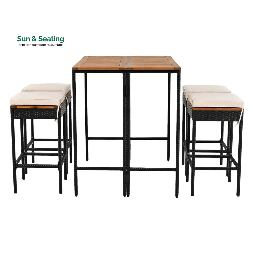 Mirabelle 5-Piece Outdoor Rattan Wicker Bar Set with Wooden Top Table Bar Set