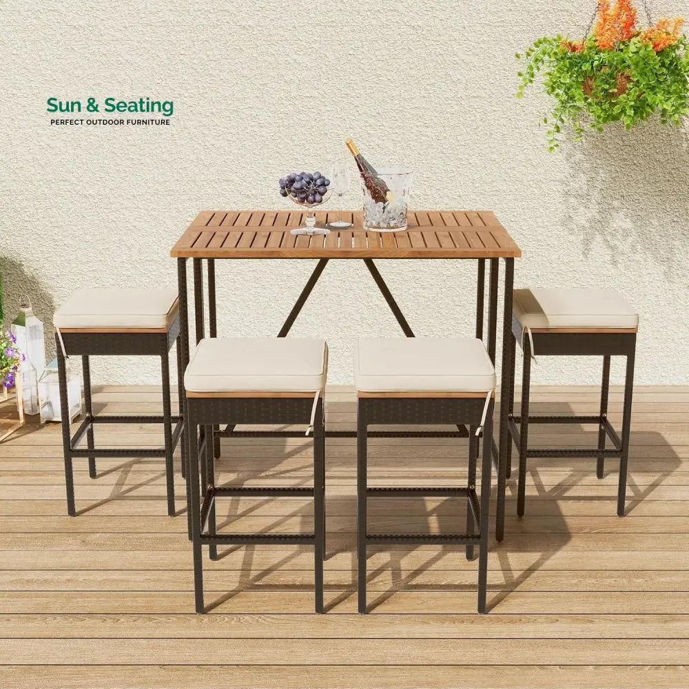 Mirabelle 5-Piece Outdoor Rattan Wicker Bar Set with Wooden Top Table Bar Set