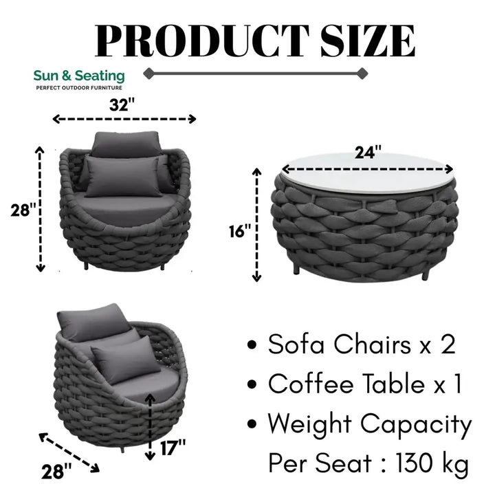 Miyako Nest Shape 3-Piece Hand-Woven Rope Patio Set Patio Set