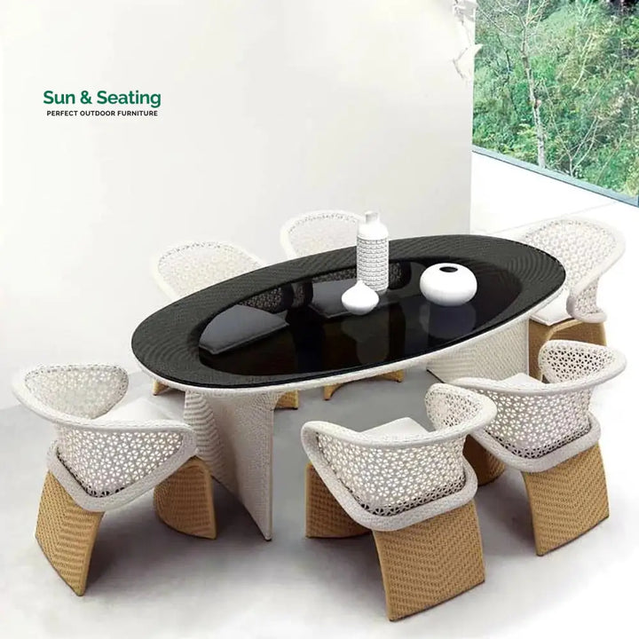 Modero Outdoor Patio Seating Set 6 Chairs and 1 Table Set (Tan + White) Dining sets