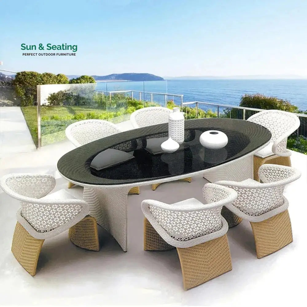 Modero Outdoor Patio Seating Set 6 Chairs and 1 Table Set (Tan + White) Dining sets