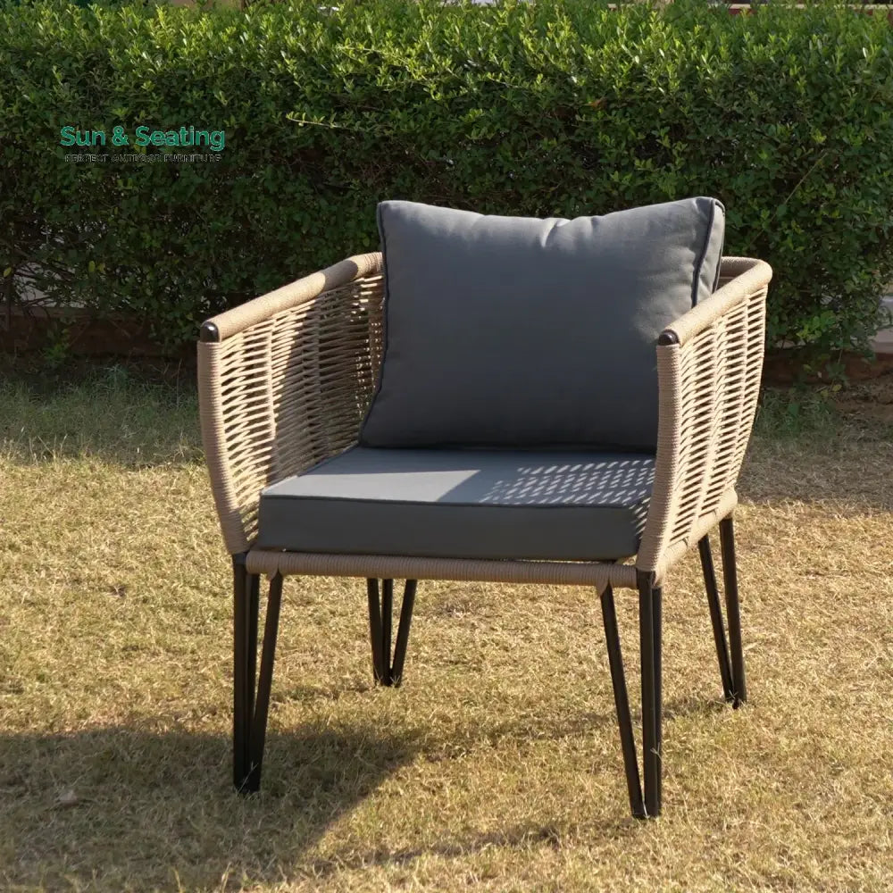 Monroe Outdoor Rope 4-Piece Patio Sofa Set with Glass Top Table (Beige &amp; Dark Grey) Sofa Set