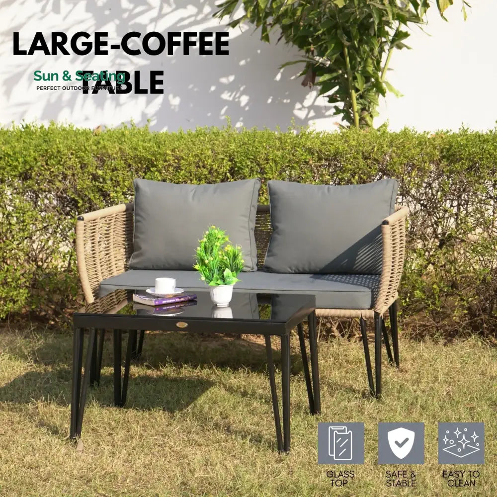 Monroe Outdoor Rope 4-Piece Patio Sofa Set with Glass Top Table (Beige &amp; Dark Grey) Sofa Set