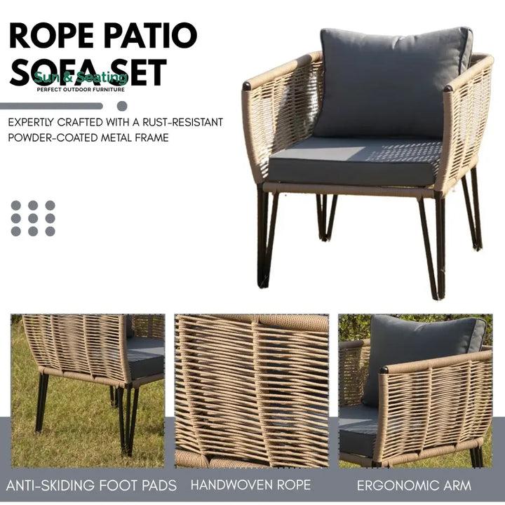 Monroe Outdoor Rope 4-Piece Patio Sofa Set with Glass Top Table (Beige &amp; Dark Grey) Sofa Set