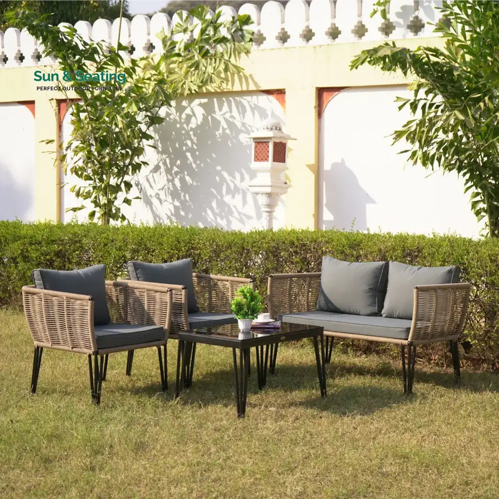 Monroe Outdoor Rope 4-Piece Patio Sofa Set with Glass Top Table (Beige &amp; Dark Grey) Sofa Set