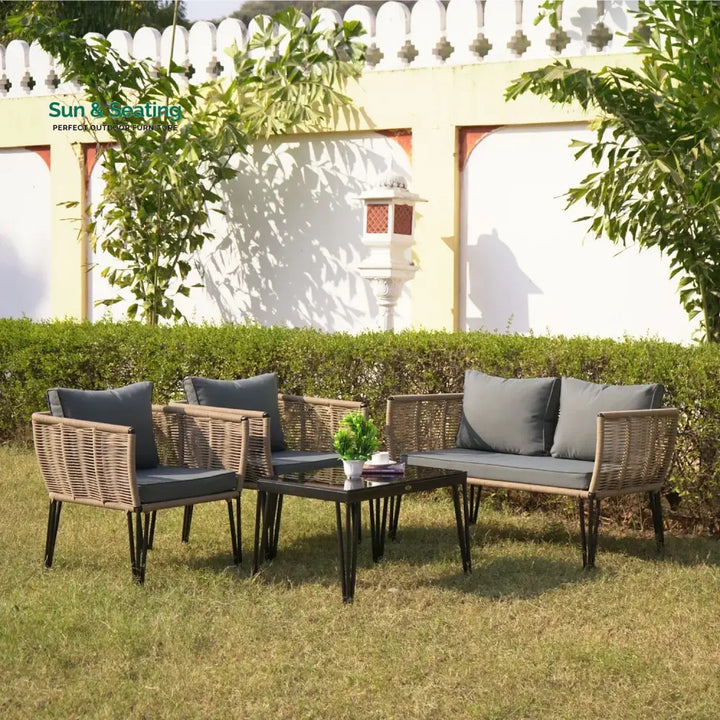 Monroe Outdoor Rope 4-Piece Patio Sofa Set with Glass Top Table (Beige &amp; Dark Grey) Sofa Set