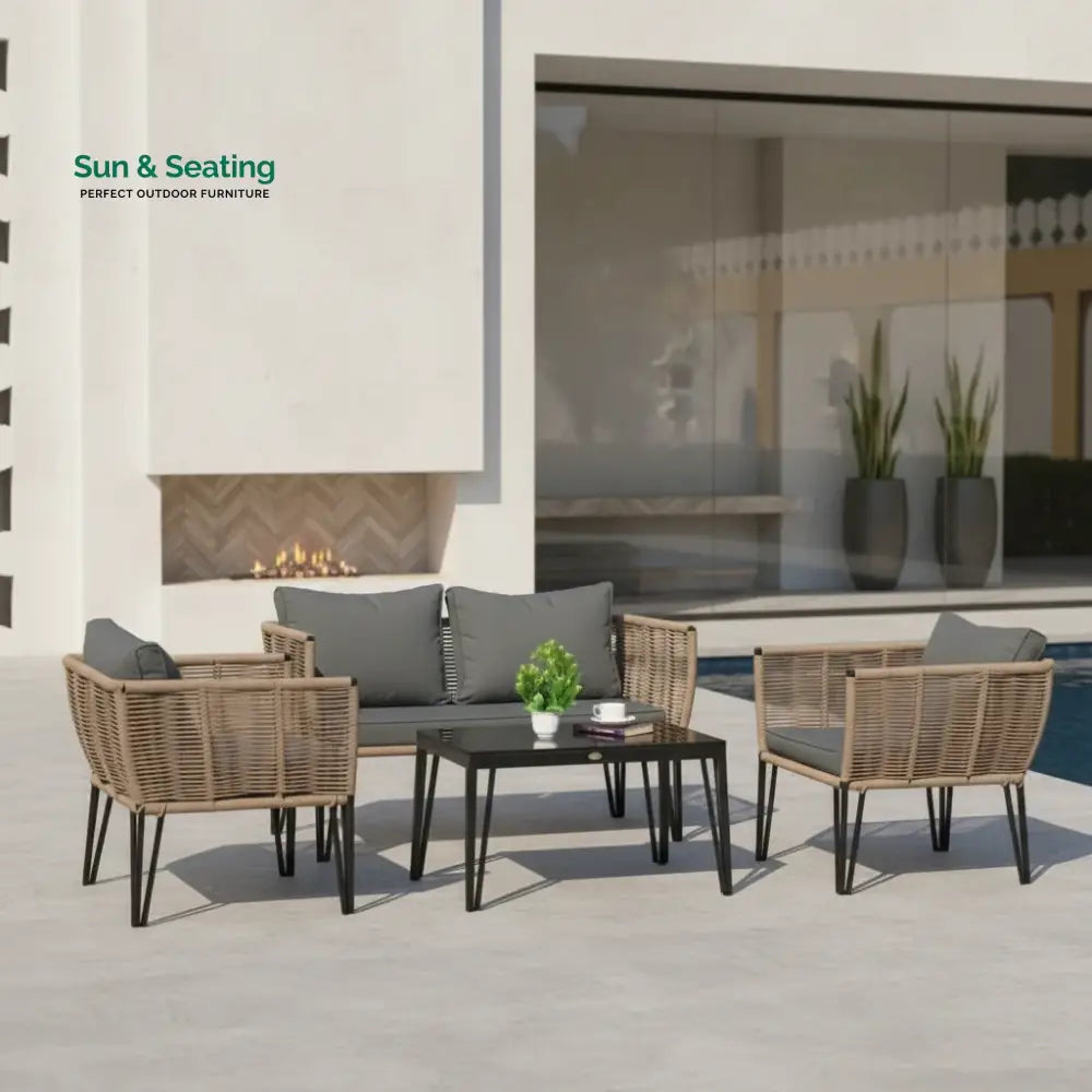 Monroe Outdoor Rope 4-Piece Patio Sofa Set with Glass Top Table (Beige & Dark Grey) Sofa Set