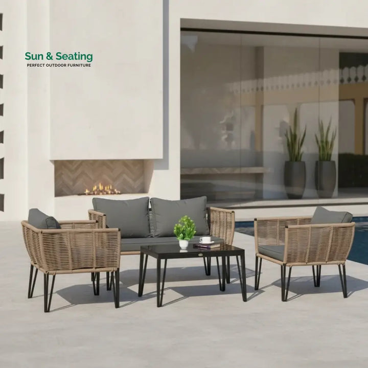 Monroe Outdoor Rope 4-Piece Patio Sofa Set with Glass Top Table (Beige &amp; Dark Grey) Sofa Set