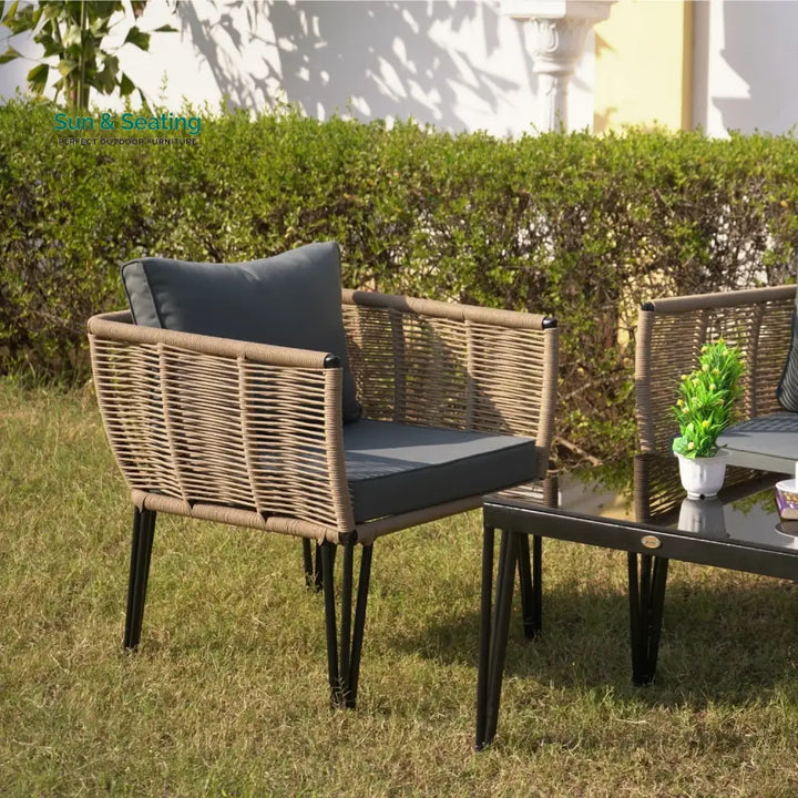 Monroe Outdoor Rope 4-Piece Patio Sofa Set with Glass Top Table (Beige &amp; Dark Grey) Sofa Set