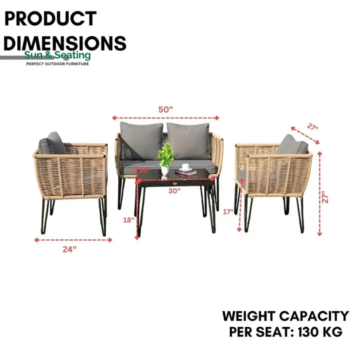 Monroe Outdoor Rope 4-Piece Patio Sofa Set with Glass Top Table (Beige &amp; Dark Grey) Sofa Set