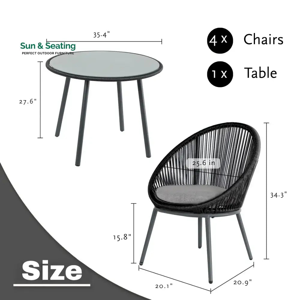 Morgan 5-Piece Outdoor Patio Dining Set with Rope Chairs &amp; Glass Top Table Dining Set