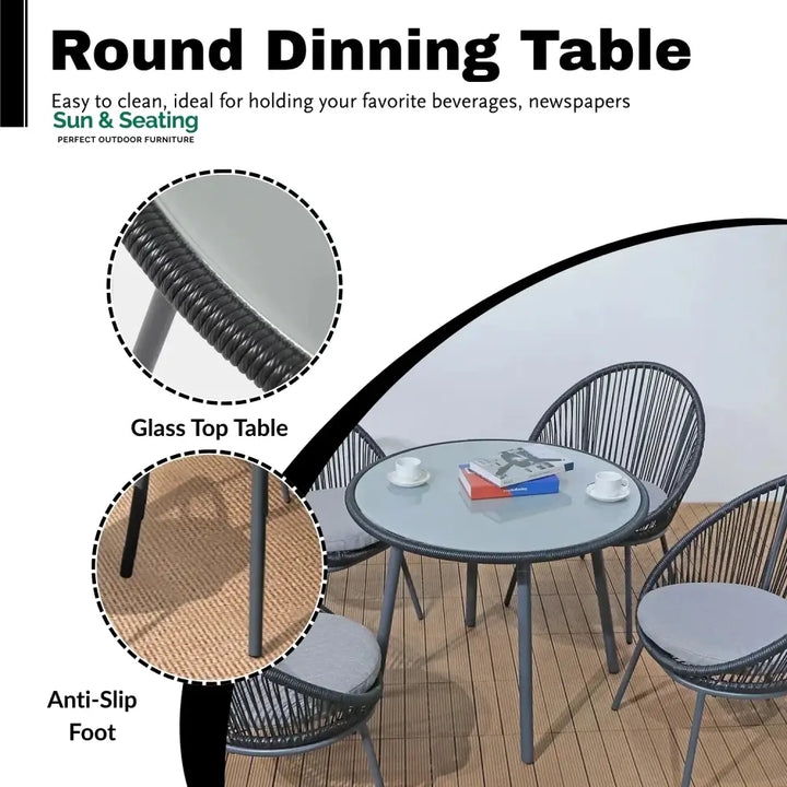 Morgan 5-Piece Outdoor Patio Dining Set with Rope Chairs &amp; Glass Top Table Dining Set