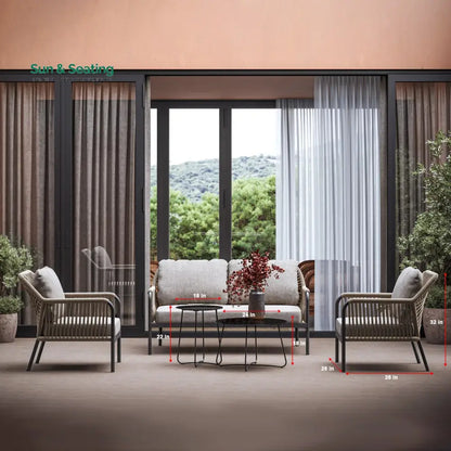 Morvos Outdoor Garden Balcony Sofa Set 2 Seater,2 Single seater and 2 Center Table Set (Tan) Sofa Sets