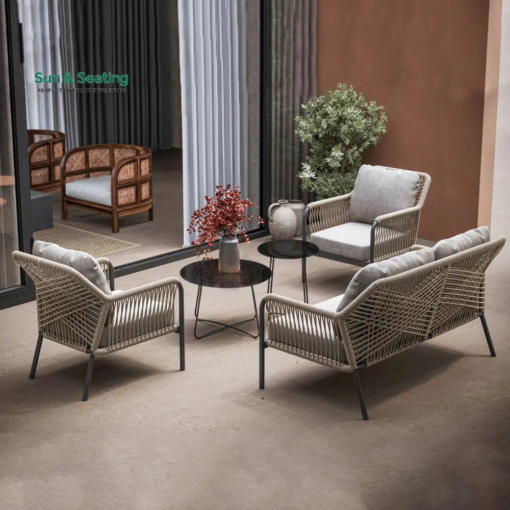 Morvos Outdoor Garden Balcony Sofa Set 2 Seater,2 Single seater and 2 Center Table Set (Tan) Sofa Sets