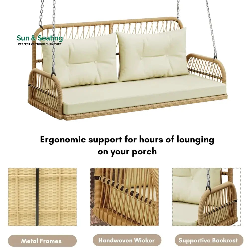 Muna Outdoor Beige Rattan Wicker Two Seater Sofa Swing Swing
