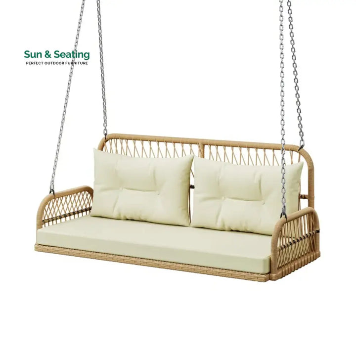 Muna Outdoor Beige Rattan Wicker Two Seater Sofa Swing Swing