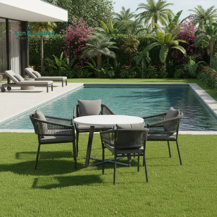 Muno Outdoor Patio Seating Set 4 Chairs and 1 Table Set (Black) Braided &amp; Rope Coffee Table Sets