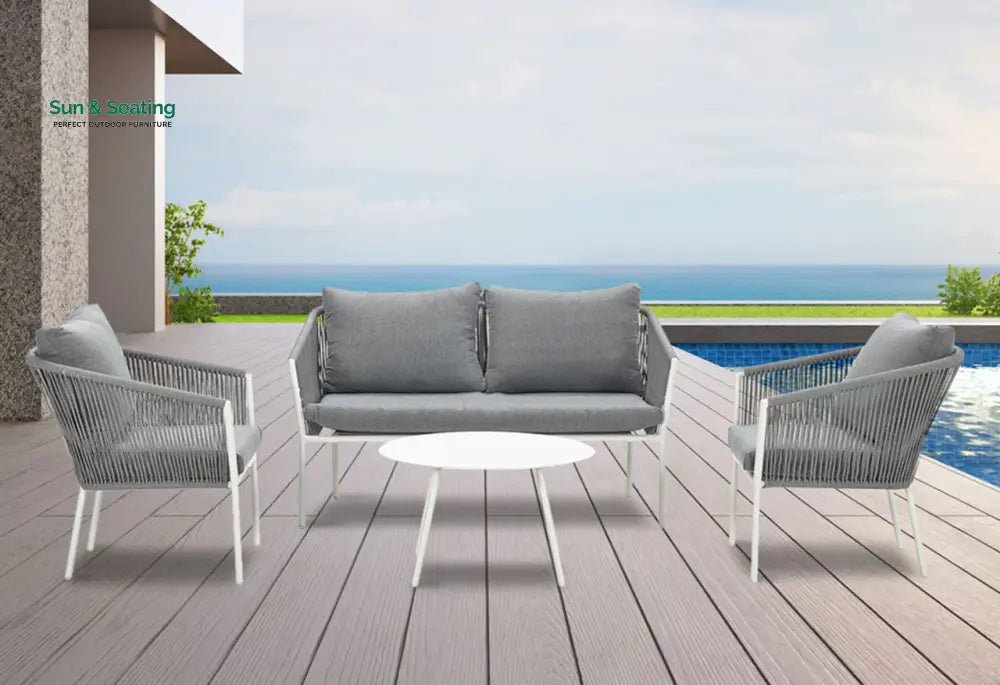 Muno Outdoor Sofa Set 2 Seater 2 Single seater and 1 Center Table Set (White + Grey) Braided &amp; Rope Sofa Sets
