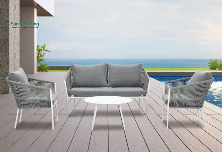 Muno Outdoor Sofa Set 2 Seater 2 Single seater and 1 Center Table Set (White + Grey) Braided &amp; Rope Sofa Sets