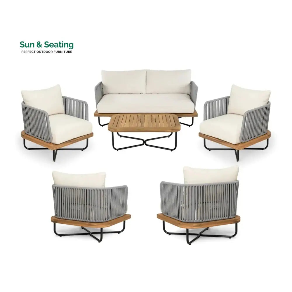 Navisha Outdoor 6-Piece Rope Woven Conversation Sofa Set with Wooden Top Table Sofa Set