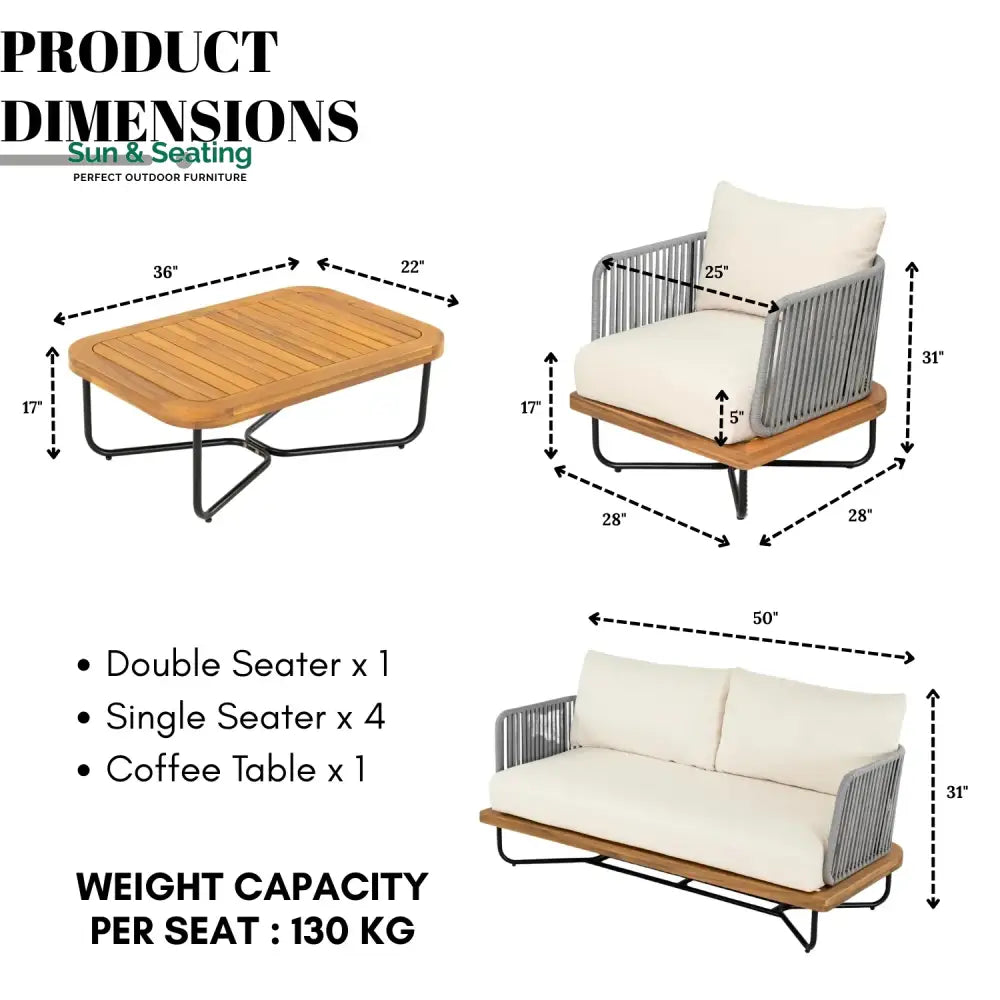 Navisha Outdoor 6-Piece Rope Woven Conversation Sofa Set with Wooden Top Table Sofa Set