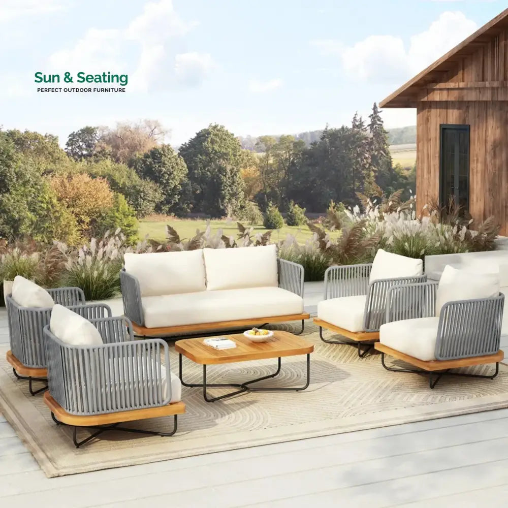 Navisha Outdoor 6-Piece Rope Woven Conversation Sofa Set with Wooden Top Table Sofa Set