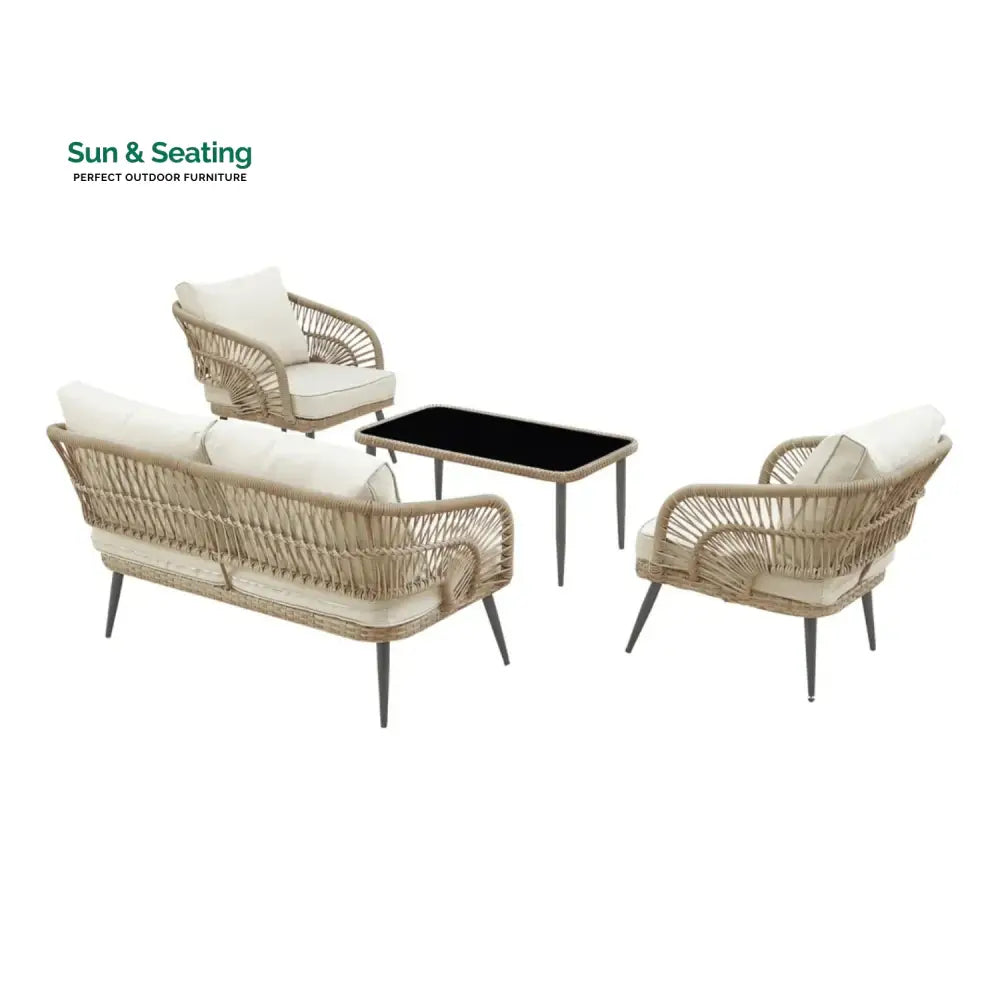 Navy Outdoor Rope 4-Piece Patio Sofa Set with Glass Top Table (Beige/Cream) Sofa Set