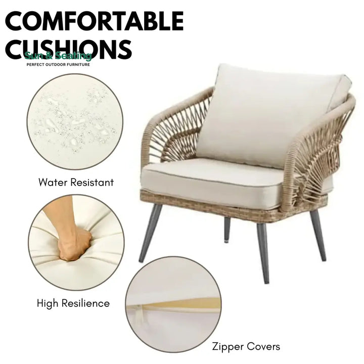Navy Outdoor Rope 4-Piece Patio Sofa Set with Glass Top Table (Beige/Cream) Sofa Set