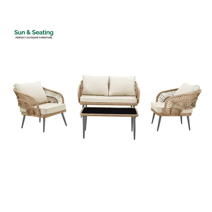 Navy Outdoor Rope 4-Piece Patio Sofa Set with Glass Top Table (Beige/Cream) Sofa Set