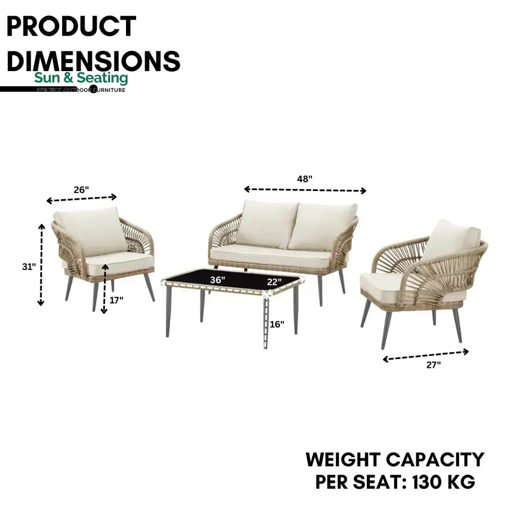 Navy Outdoor Rope 4-Piece Patio Sofa Set with Glass Top Table (Beige/Cream) Sofa Set