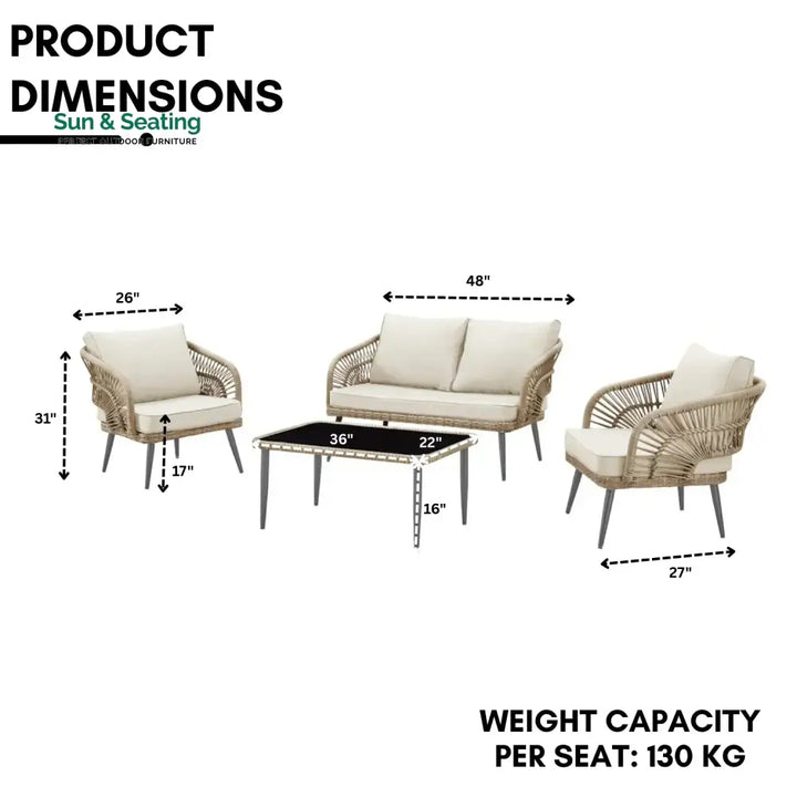 Navy Outdoor Rope 4-Piece Patio Sofa Set with Glass Top Table (Beige/Cream) Sofa Set