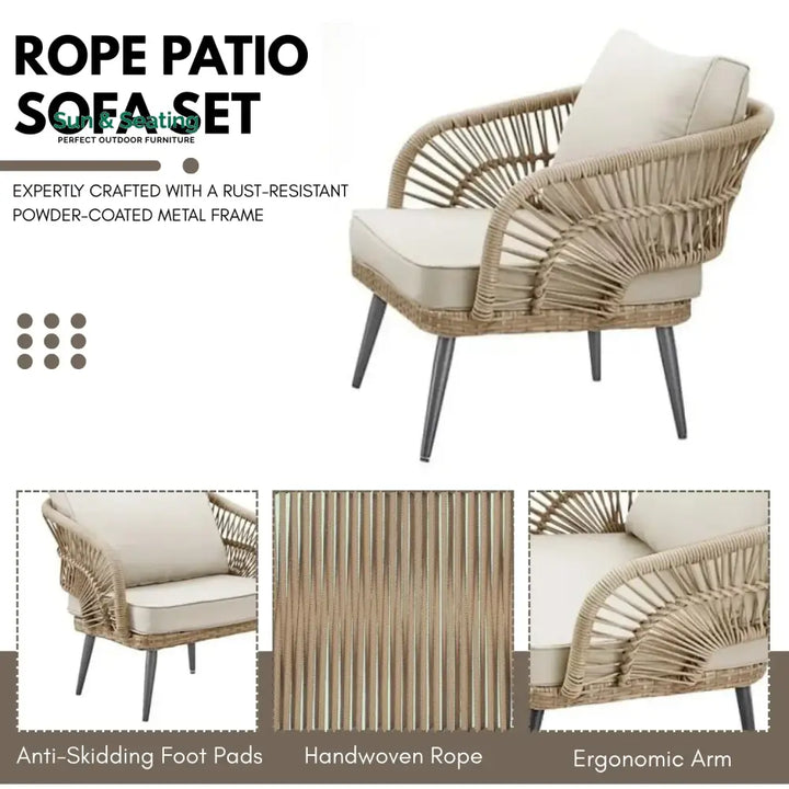 Navy Outdoor Rope 4-Piece Patio Sofa Set with Glass Top Table (Beige/Cream) Sofa Set