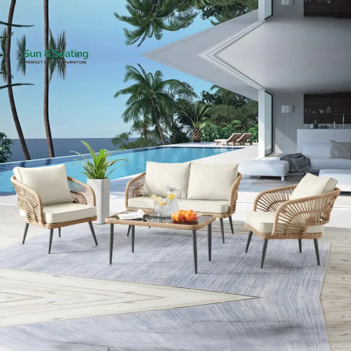 Navy Outdoor Rope 4-Piece Patio Sofa Set with Glass Top Table (Beige/Cream) Sofa Set
