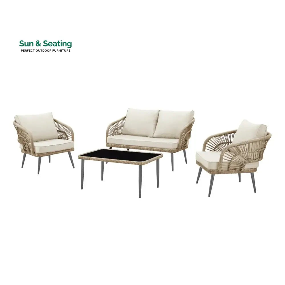 Navy Outdoor Rope 4-Piece Patio Sofa Set with Glass Top Table (Beige/Cream) Sofa Set