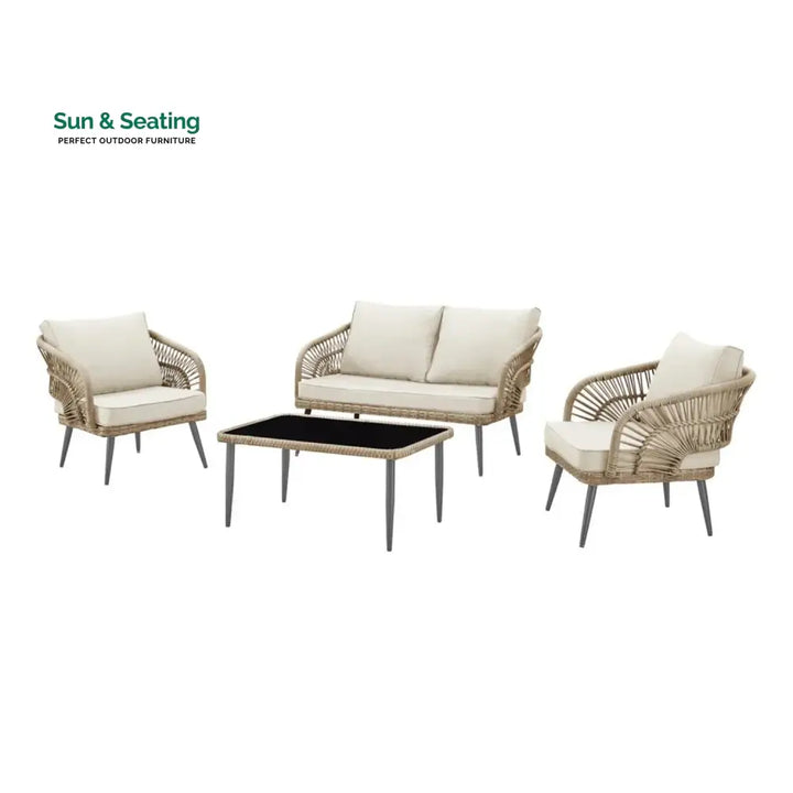 Navy Outdoor Rope 4-Piece Patio Sofa Set with Glass Top Table (Beige/Cream) Sofa Set
