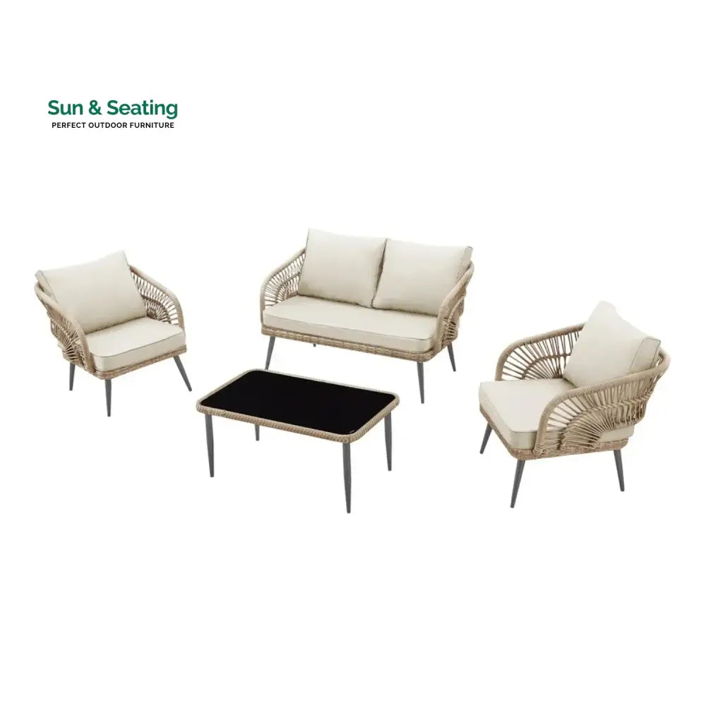 Navy Outdoor Rope 4-Piece Patio Sofa Set with Glass Top Table (Beige/Cream) Sofa Set