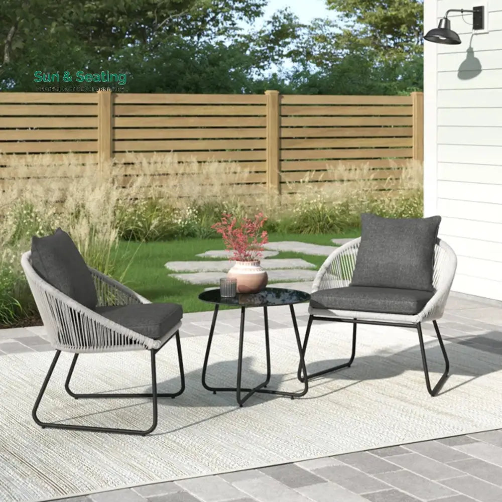 Neva Outdoor Patio Seating Set 2 Chairs and 1 Table Set (Grey) Braided &amp; Rope Coffee Table Sets